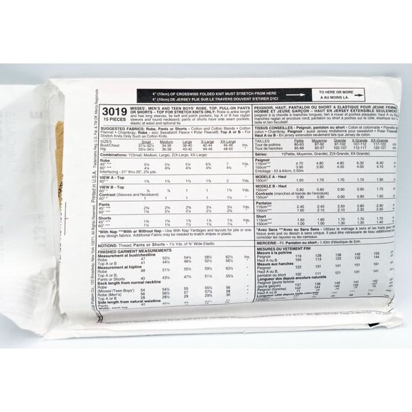 McCalls Pattern 3019 Size Y Misses Men Teen Boy Robe Top Pants Shorts PJs Uncut - Picture 2 of 2